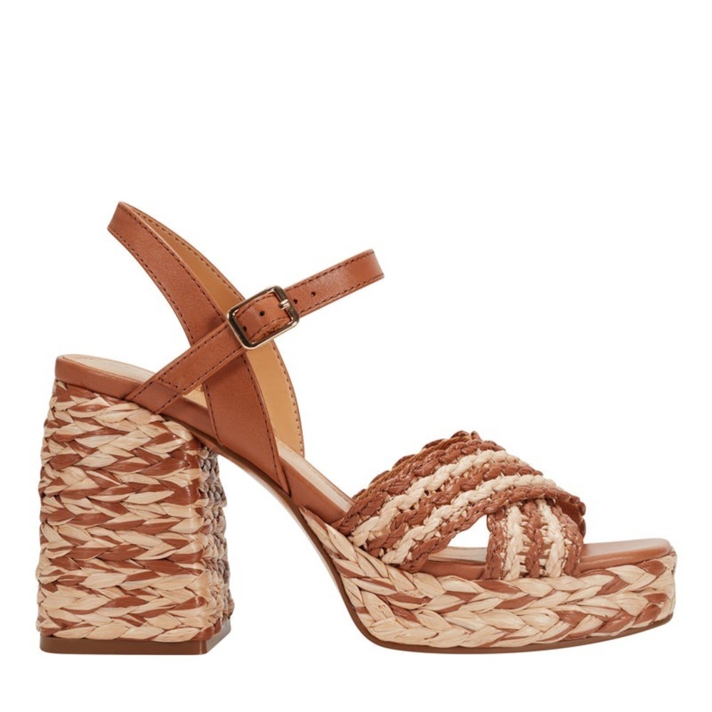 Marc Fisher LTD Juliey Platform Sandals Woven Raffia Block‎ Heel Tan BrownSize11